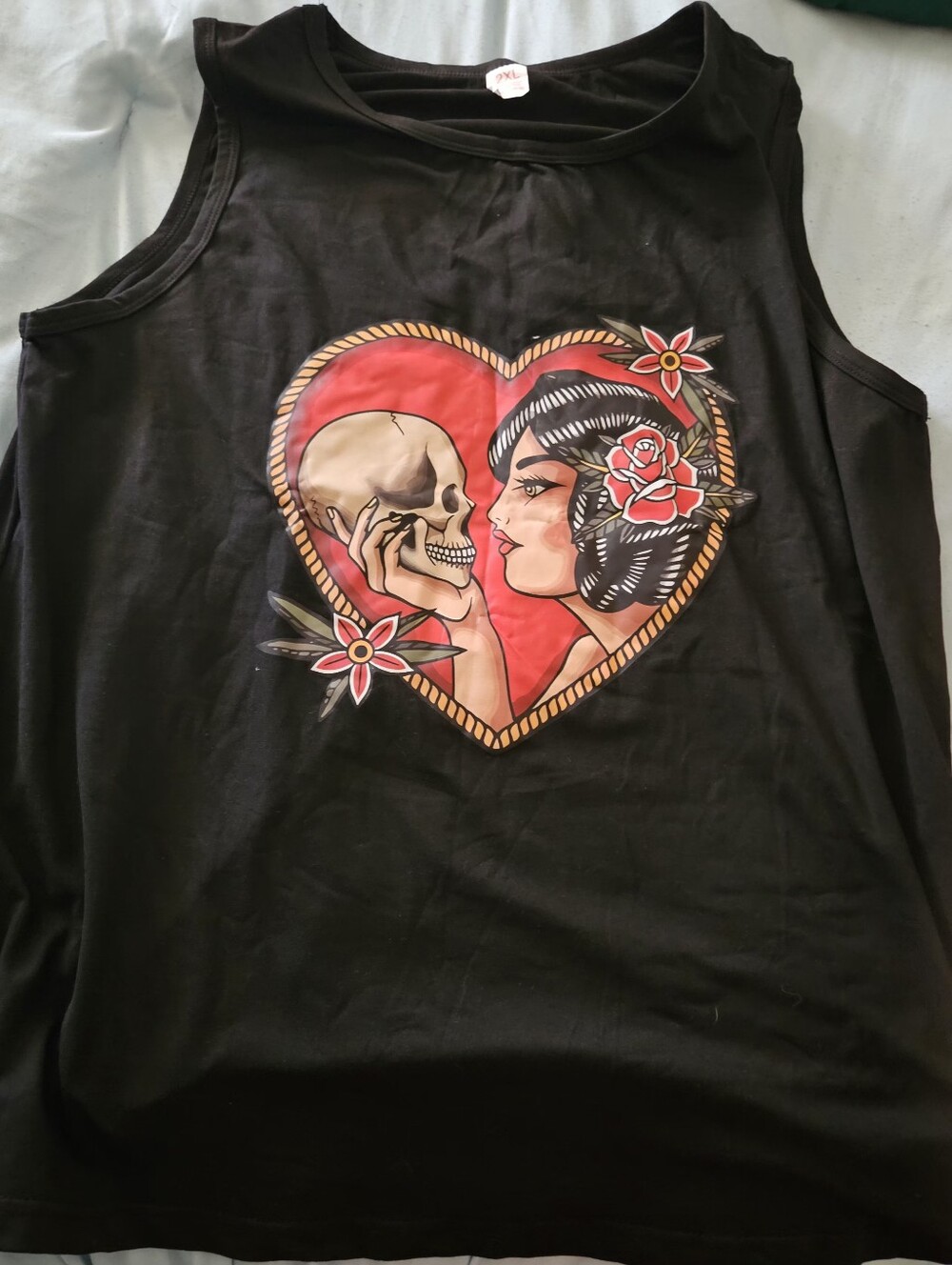🆕️NEW Never Worn Black Graphic Tank Top with Heart Skull & Woman Design